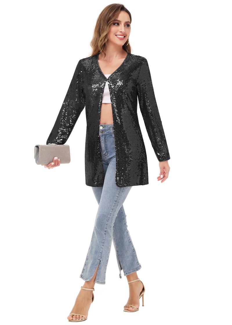 Anna-Kaci Women's Open Front Sequin Coat Las Vegas Blazer Party Club Cocktail Jacket Outerwear, Black, Large - Image 5